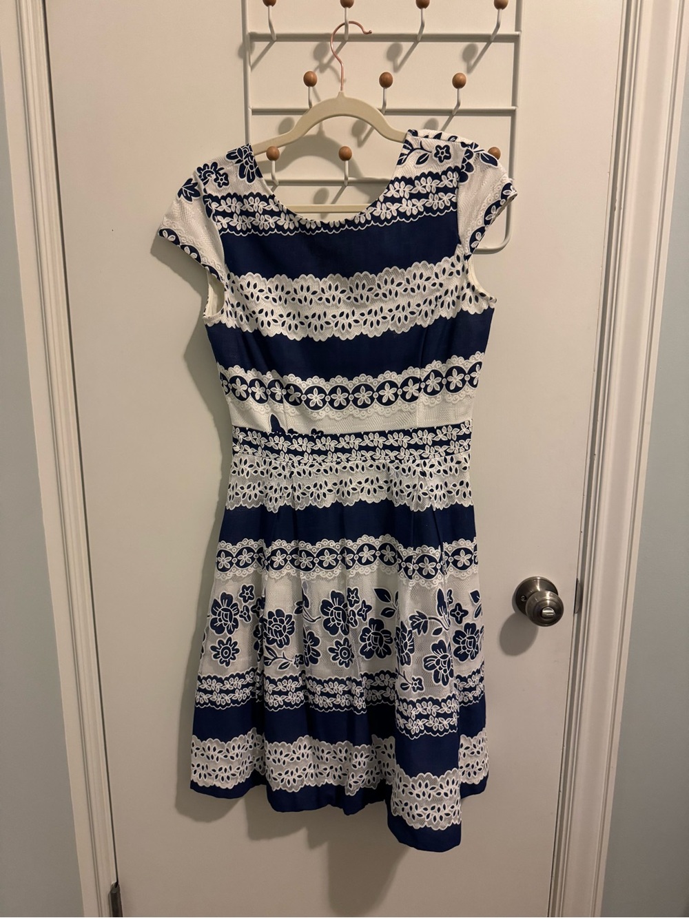 Navy & White Floral Lace-Trim Fit and Flare Dress